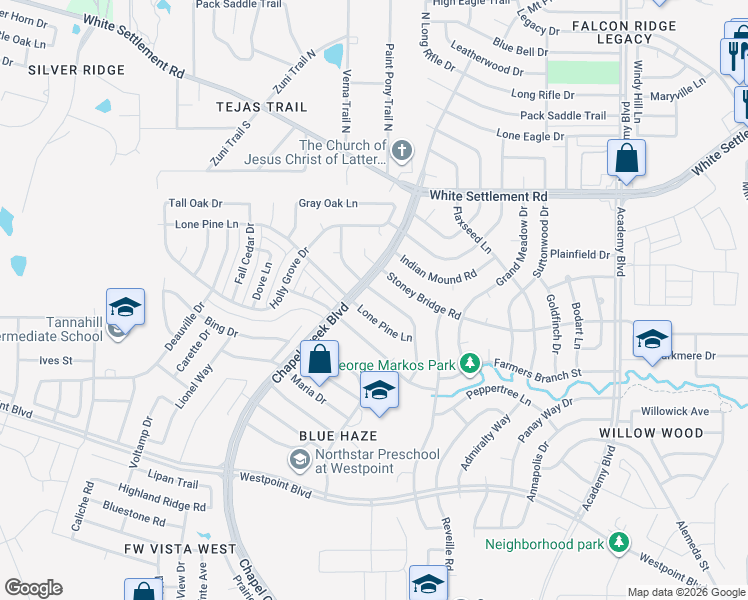 map of restaurants, bars, coffee shops, grocery stores, and more near 10249 Powderhorn Road in Fort Worth