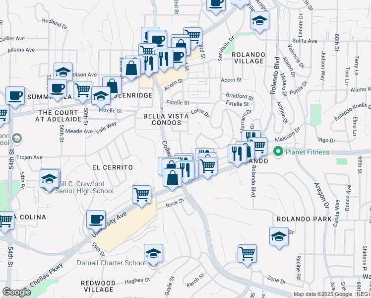 map of restaurants, bars, coffee shops, grocery stores, and more near 6120 Tarragona Drive in San Diego