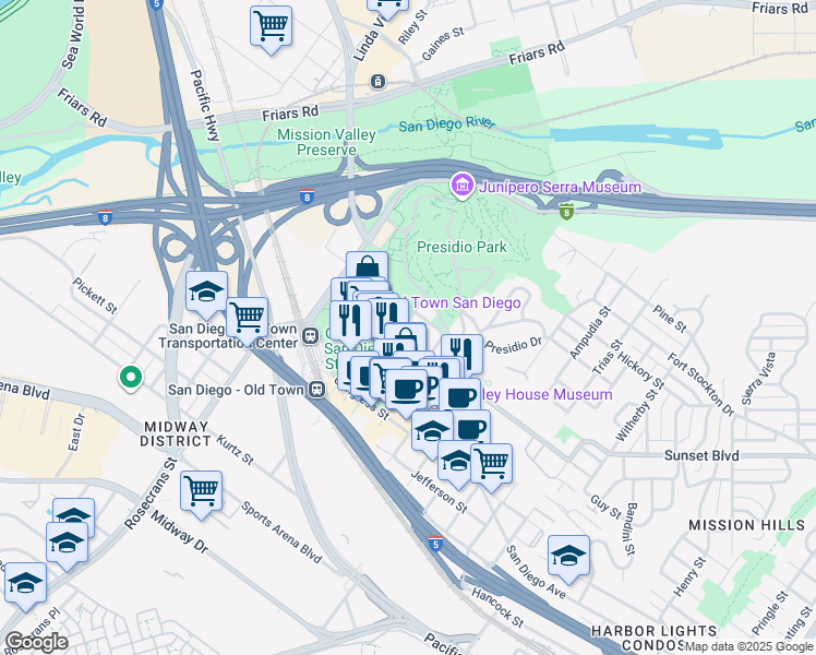 map of restaurants, bars, coffee shops, grocery stores, and more near 2635 Sunset Street in San Diego
