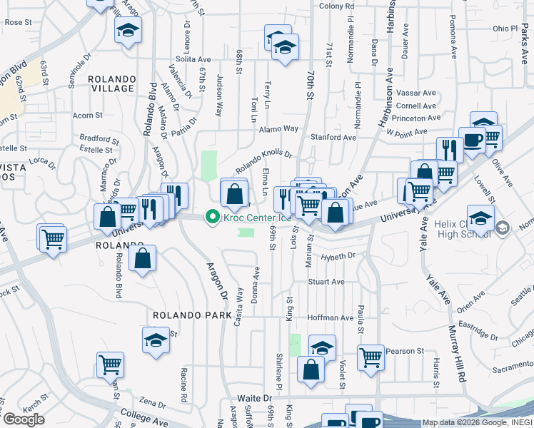 map of restaurants, bars, coffee shops, grocery stores, and more near 6808 University Avenue in San Diego