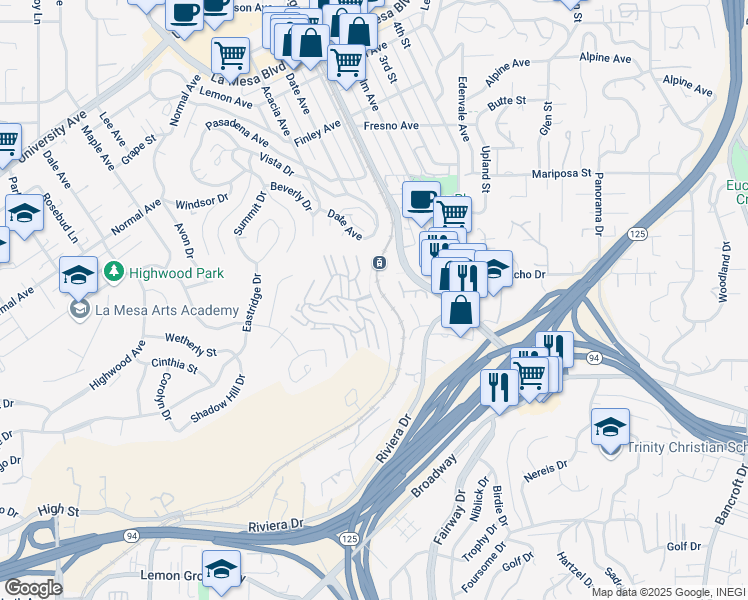 map of restaurants, bars, coffee shops, grocery stores, and more near 8098 High Street in La Mesa