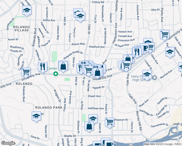 map of restaurants, bars, coffee shops, grocery stores, and more near 4218 Harbinson Avenue in La Mesa