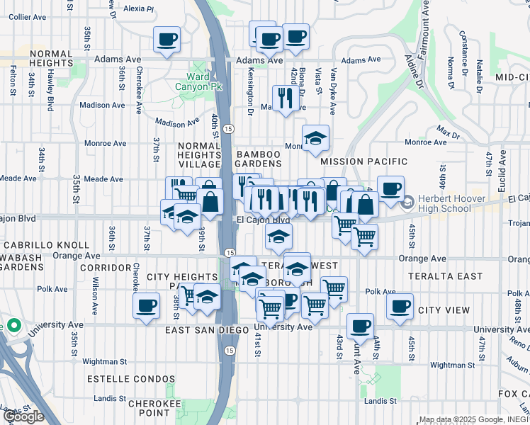 map of restaurants, bars, coffee shops, grocery stores, and more near 4144 El Cajon Boulevard in San Diego