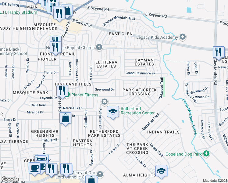 map of restaurants, bars, coffee shops, grocery stores, and more near 1630 Greywood Drive in Mesquite