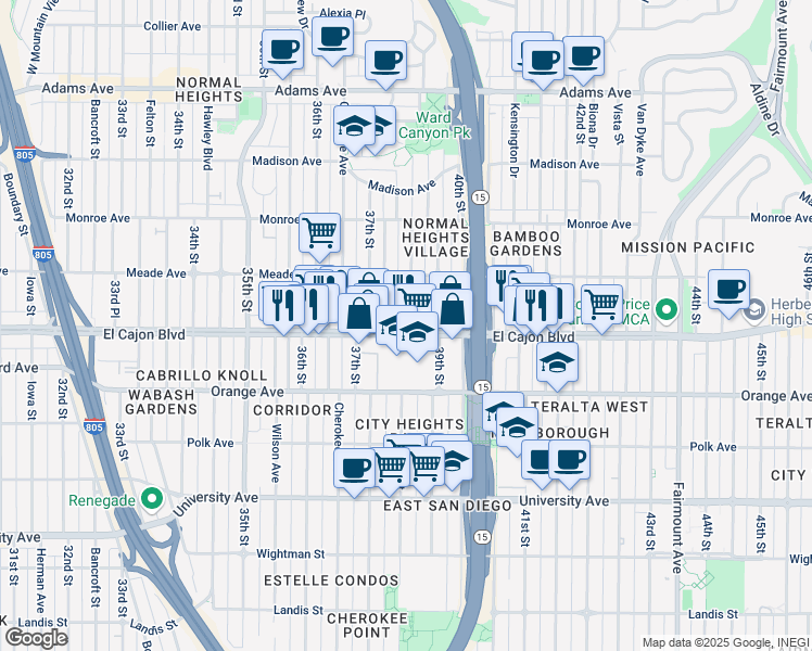 map of restaurants, bars, coffee shops, grocery stores, and more near in San Diego