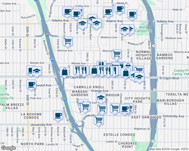 map of restaurants, bars, coffee shops, grocery stores, and more near in San Diego