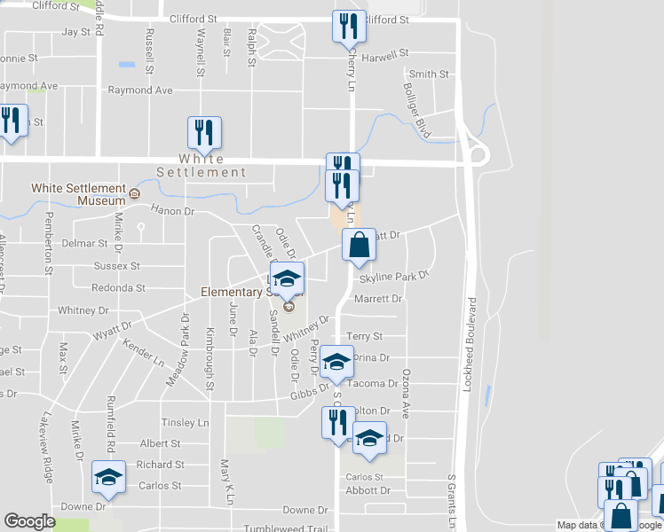 map of restaurants, bars, coffee shops, grocery stores, and more near 613 Perry Drive in White Settlement