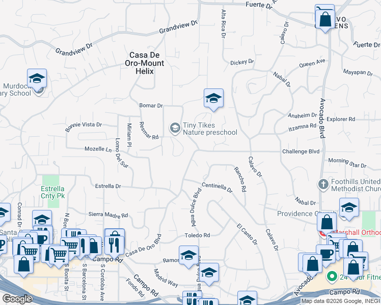 map of restaurants, bars, coffee shops, grocery stores, and more near 10320 Challenge Boulevard in La Mesa