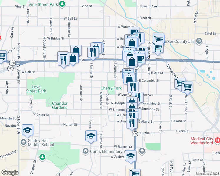 map of restaurants, bars, coffee shops, grocery stores, and more near 300 South Alamo Street in Weatherford