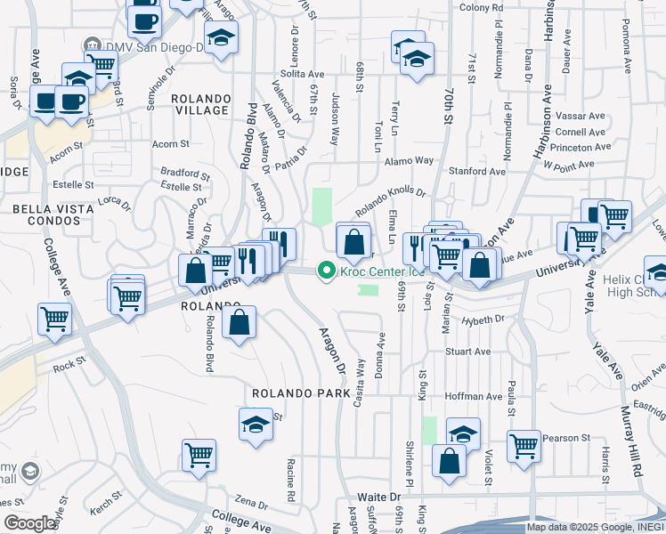 map of restaurants, bars, coffee shops, grocery stores, and more near 6708 University Avenue in San Diego