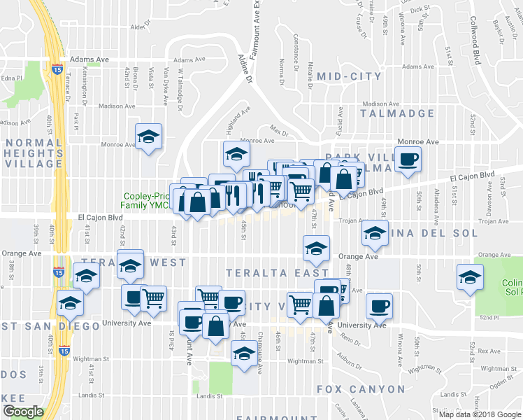 map of restaurants, bars, coffee shops, grocery stores, and more near El Cajon Boulevard & Chamoune Avenue in San Diego