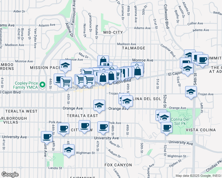 map of restaurants, bars, coffee shops, grocery stores, and more near 4328 48th Street in San Diego