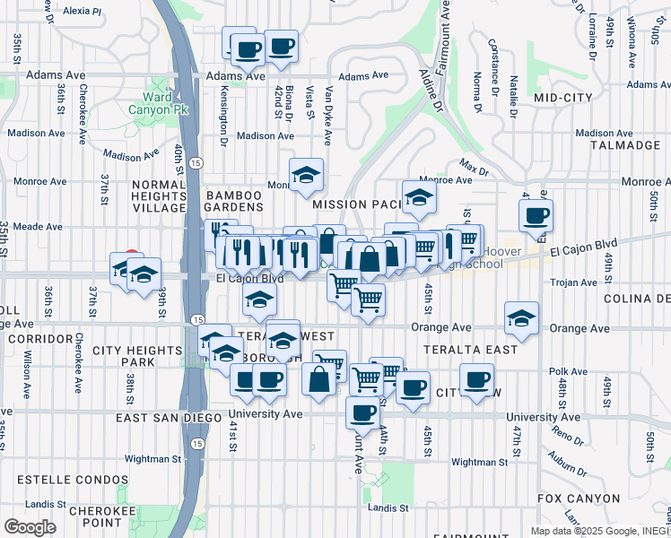 map of restaurants, bars, coffee shops, grocery stores, and more near 4311 El Cajon Boulevard in San Diego