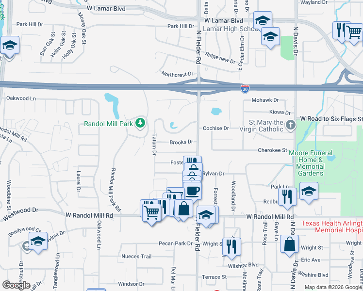 map of restaurants, bars, coffee shops, grocery stores, and more near 1704 Brooks Drive in Arlington