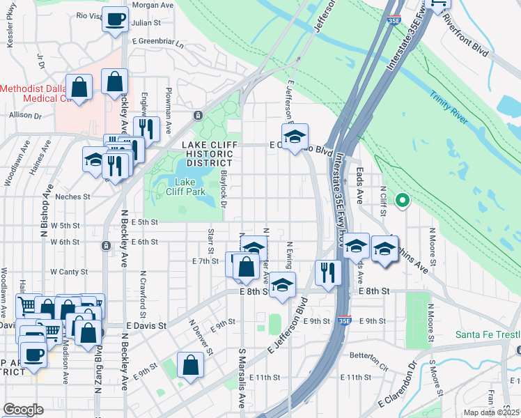 map of restaurants, bars, coffee shops, grocery stores, and more near 615 North Lancaster Avenue in Dallas