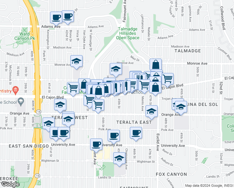 map of restaurants, bars, coffee shops, grocery stores, and more near 4474 El Cajon Boulevard in San Diego