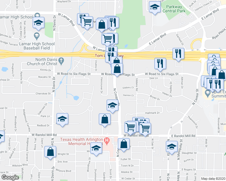 map of restaurants, bars, coffee shops, grocery stores, and more near 1336 North Cooper Street in Arlington