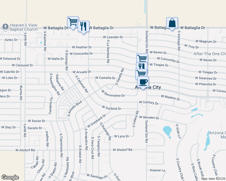 map of restaurants, bars, coffee shops, grocery stores, and more near 10147 West Tampka Lane in Arizona City