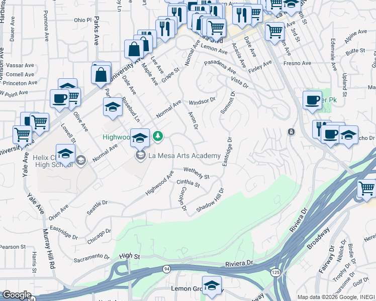 map of restaurants, bars, coffee shops, grocery stores, and more near 7960 Cinnabar Drive in La Mesa