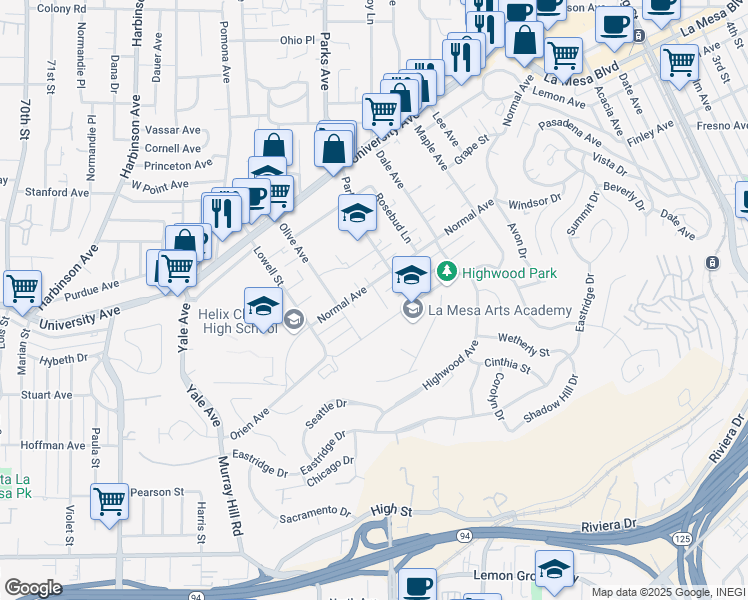 map of restaurants, bars, coffee shops, grocery stores, and more near 4279 Schoolridge Lane in La Mesa