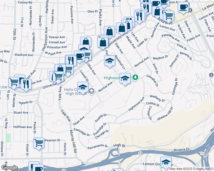 map of restaurants, bars, coffee shops, grocery stores, and more near 7631 Normal Avenue in La Mesa