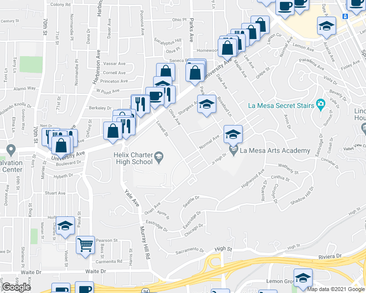 map of restaurants, bars, coffee shops, grocery stores, and more near 4241 Lowell Street in La Mesa