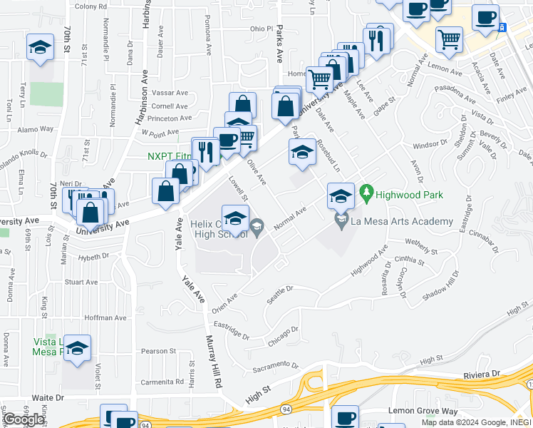 map of restaurants, bars, coffee shops, grocery stores, and more near 4241 Lowell Street in La Mesa