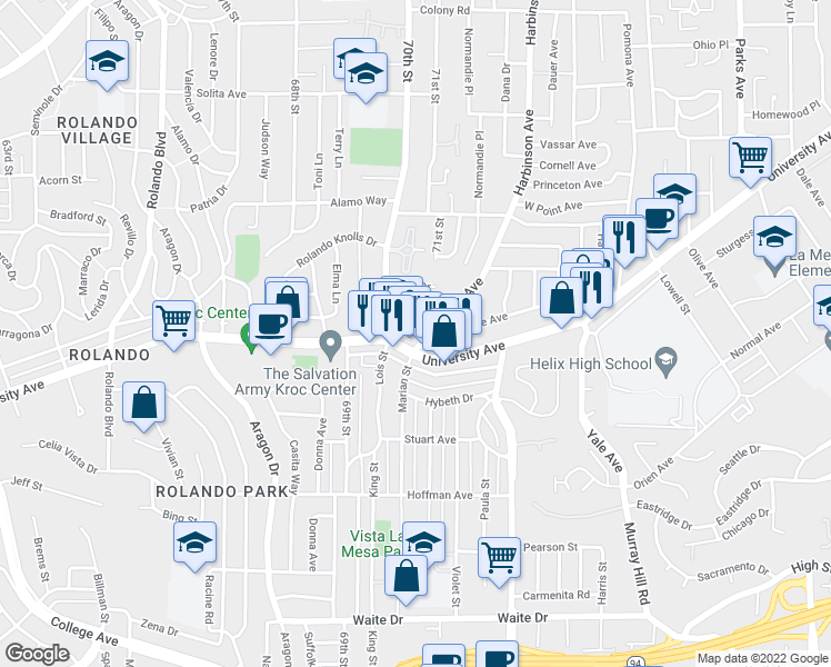 map of restaurants, bars, coffee shops, grocery stores, and more near 4218 Harbinson Avenue in La Mesa