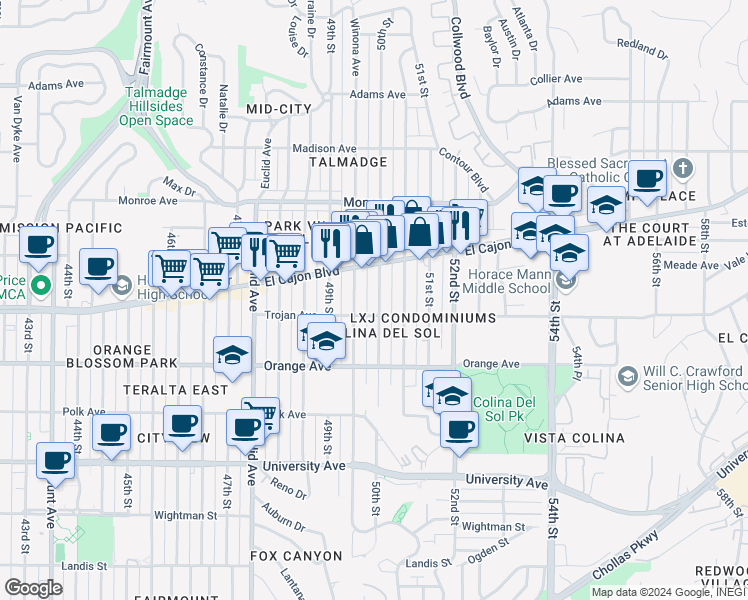 map of restaurants, bars, coffee shops, grocery stores, and more near 4340 50th Street in San Diego