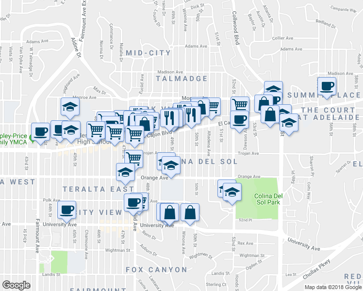 map of restaurants, bars, coffee shops, grocery stores, and more near 4324 Winona Avenue in San Diego