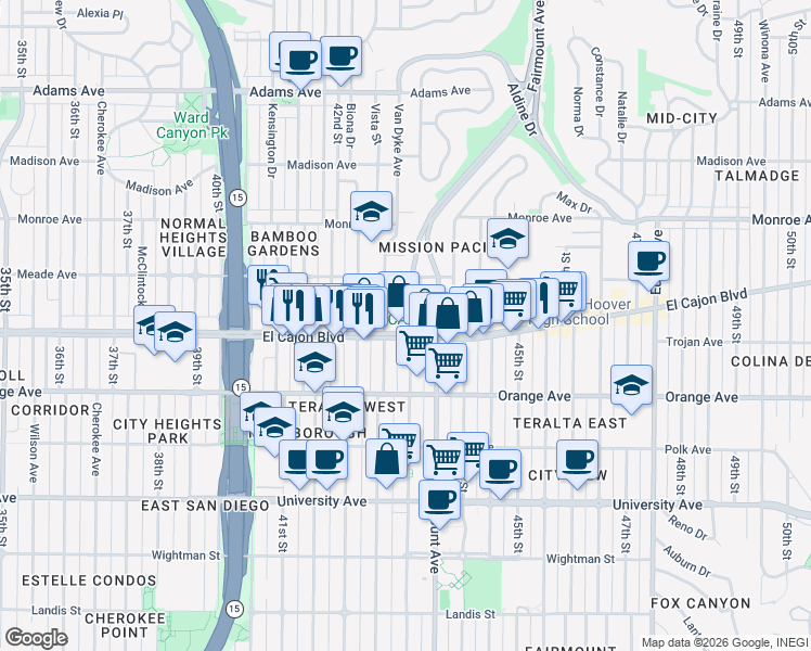 map of restaurants, bars, coffee shops, grocery stores, and more near 4311 El Cajon Boulevard in San Diego