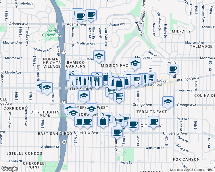 map of restaurants, bars, coffee shops, grocery stores, and more near 4311 El Cajon Boulevard in San Diego