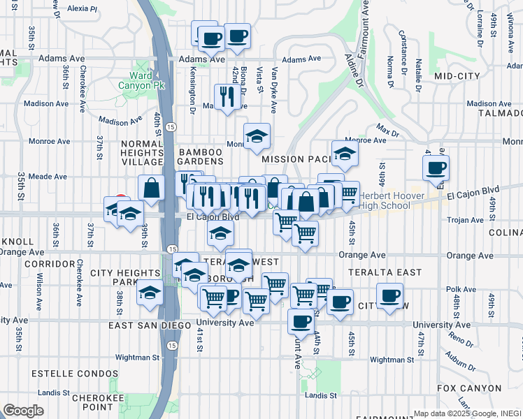 map of restaurants, bars, coffee shops, grocery stores, and more near 4244 El Cajon Boulevard in San Diego