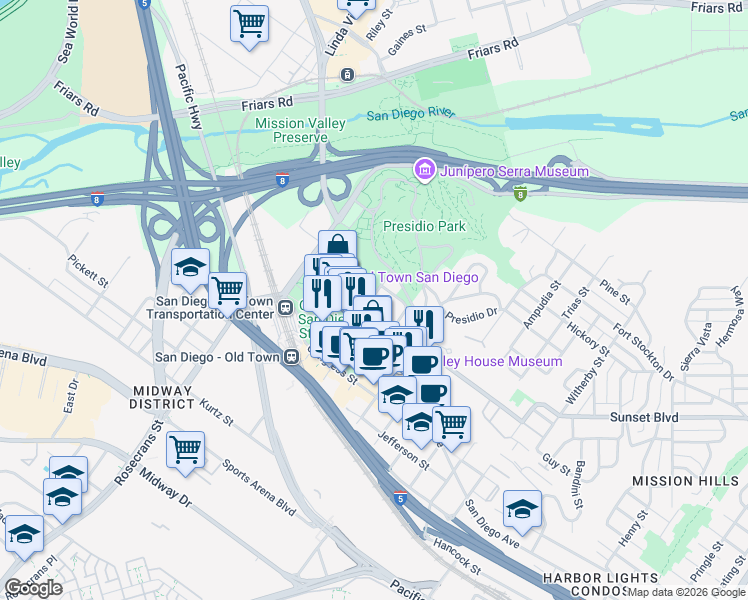 map of restaurants, bars, coffee shops, grocery stores, and more near 2635 Sunset Street in San Diego