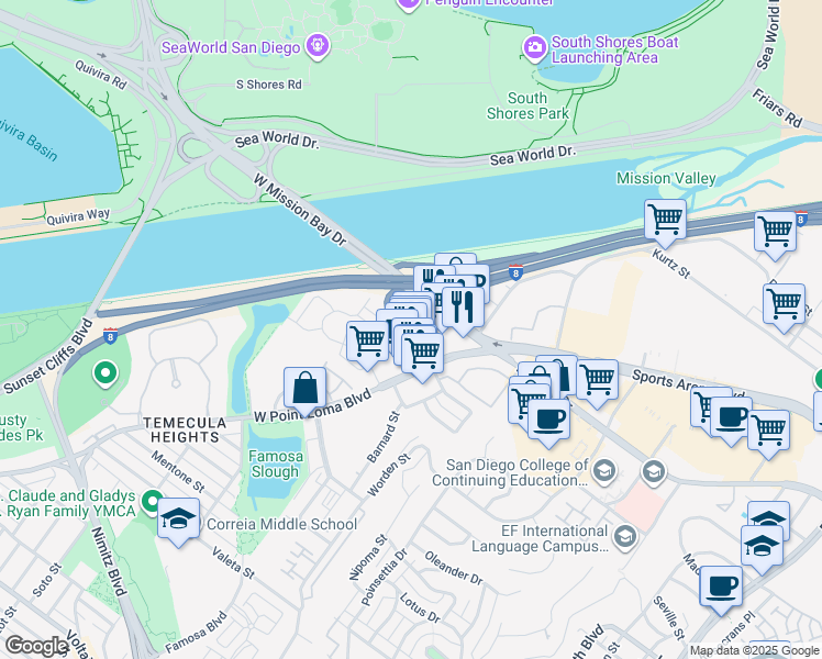 map of restaurants, bars, coffee shops, grocery stores, and more near 4240 Venus Street in San Diego