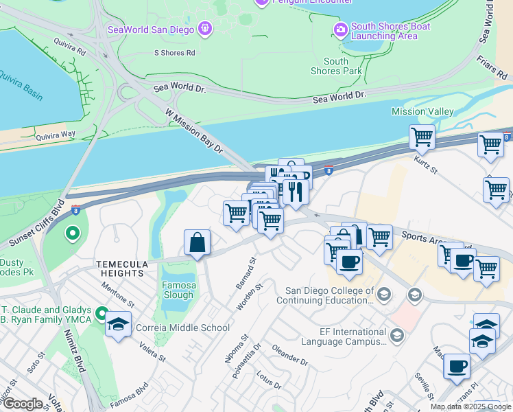 map of restaurants, bars, coffee shops, grocery stores, and more near 4240 Venus Street in San Diego
