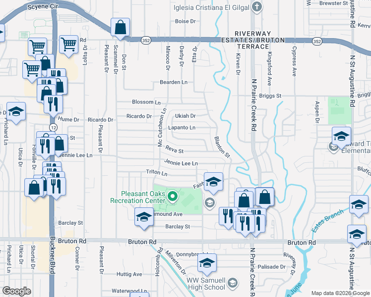 map of restaurants, bars, coffee shops, grocery stores, and more near 8635 Reva Street in Dallas