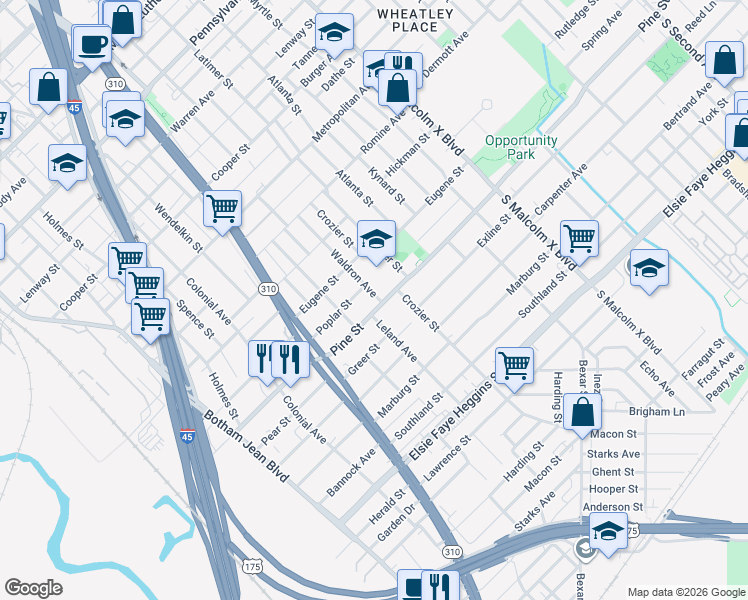 map of restaurants, bars, coffee shops, grocery stores, and more near 2333 Pine Street in Dallas