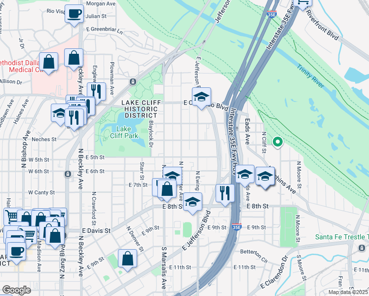 map of restaurants, bars, coffee shops, grocery stores, and more near 615 North Lancaster Avenue in Dallas