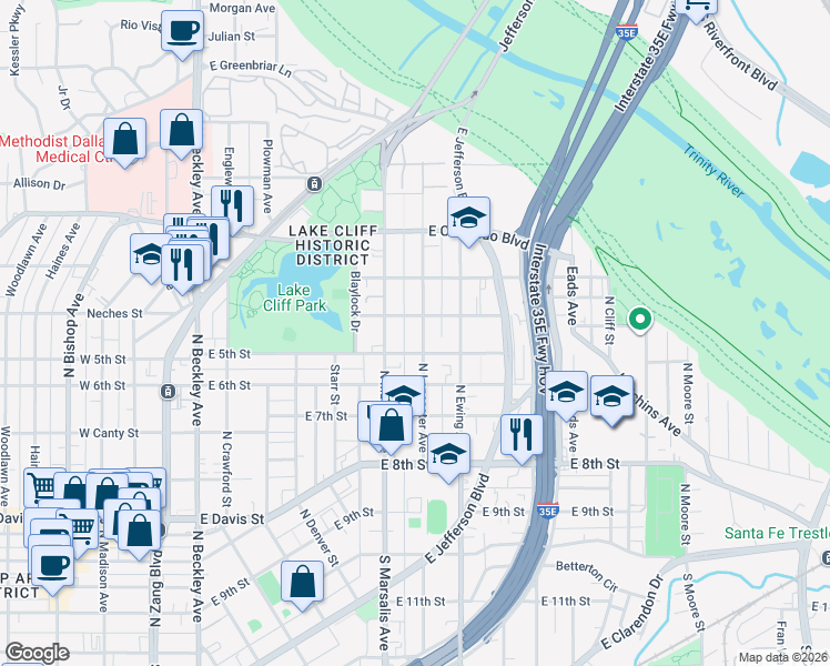 map of restaurants, bars, coffee shops, grocery stores, and more near 615 North Lancaster Avenue in Dallas