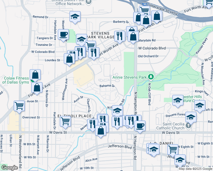 map of restaurants, bars, coffee shops, grocery stores, and more near 2425 Bahama Drive in Dallas