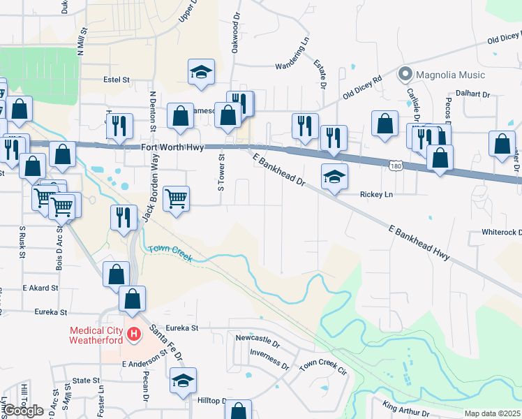 map of restaurants, bars, coffee shops, grocery stores, and more near 302 Cherry Street in Weatherford