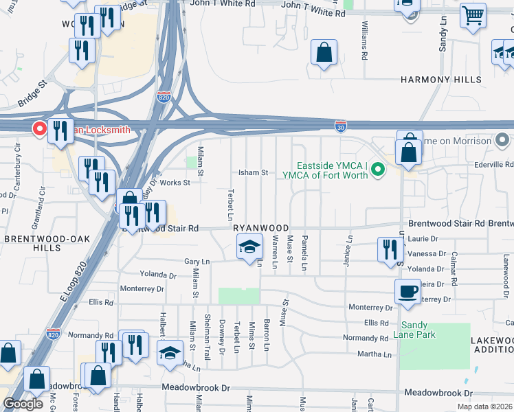 map of restaurants, bars, coffee shops, grocery stores, and more near 1532 Barron Lane in Fort Worth