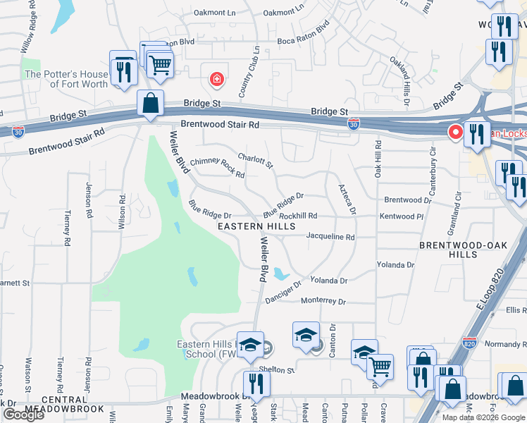 map of restaurants, bars, coffee shops, grocery stores, and more near 5705 Blue Ridge Drive in Fort Worth