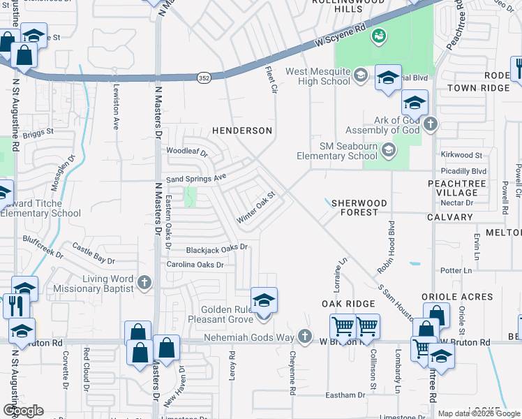 map of restaurants, bars, coffee shops, grocery stores, and more near 2536 Winter Oak Street in Dallas