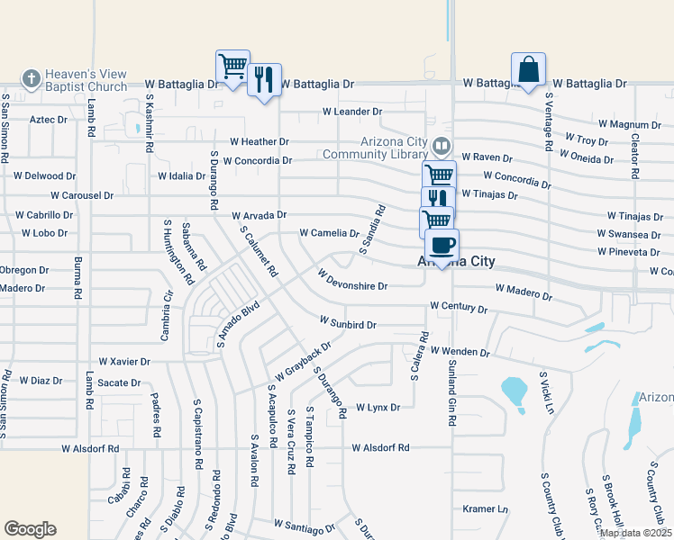 map of restaurants, bars, coffee shops, grocery stores, and more near 10147 West Tampka Lane in Arizona City