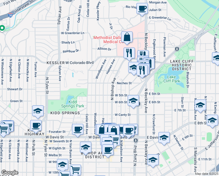 map of restaurants, bars, coffee shops, grocery stores, and more near 1021 North Bishop Avenue in Dallas