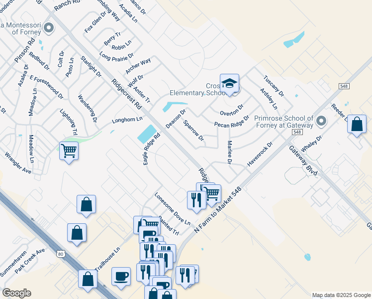 map of restaurants, bars, coffee shops, grocery stores, and more near 2 Woodberry Drive in Forney