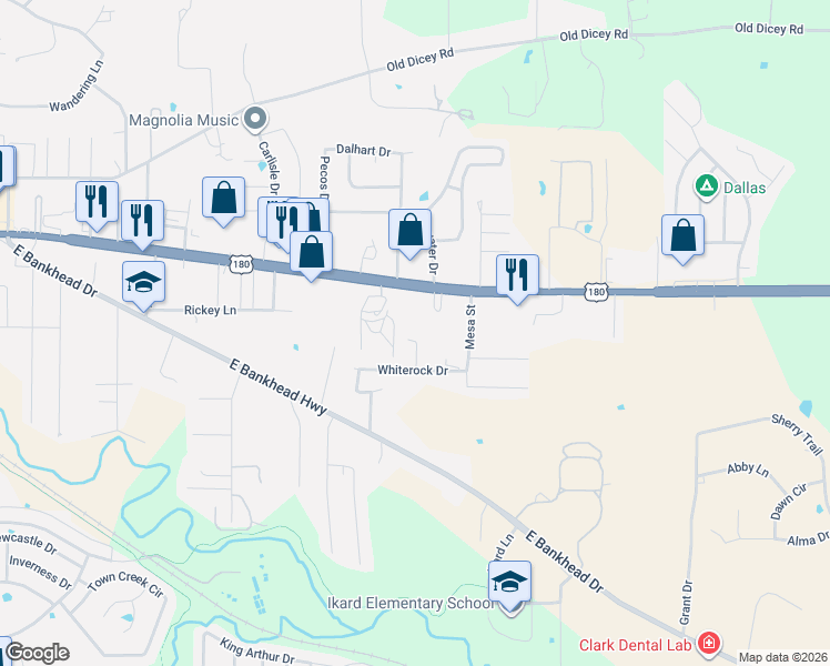 map of restaurants, bars, coffee shops, grocery stores, and more near 126 Whiterock Court in Weatherford
