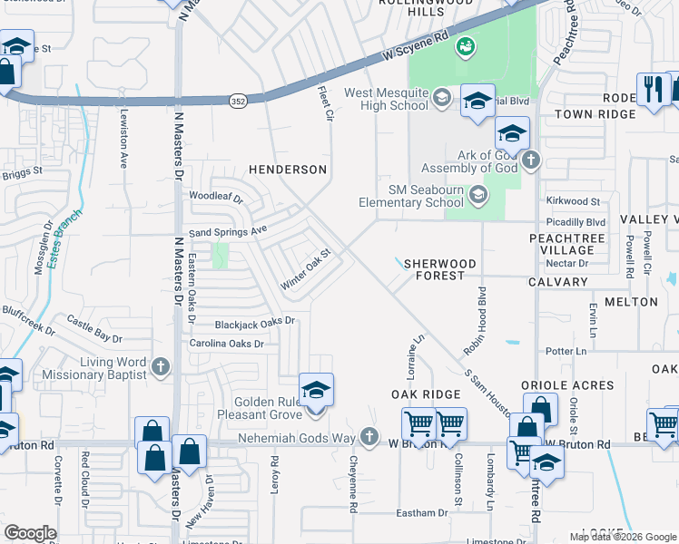 map of restaurants, bars, coffee shops, grocery stores, and more near 10635 Woodleaf Drive in Dallas